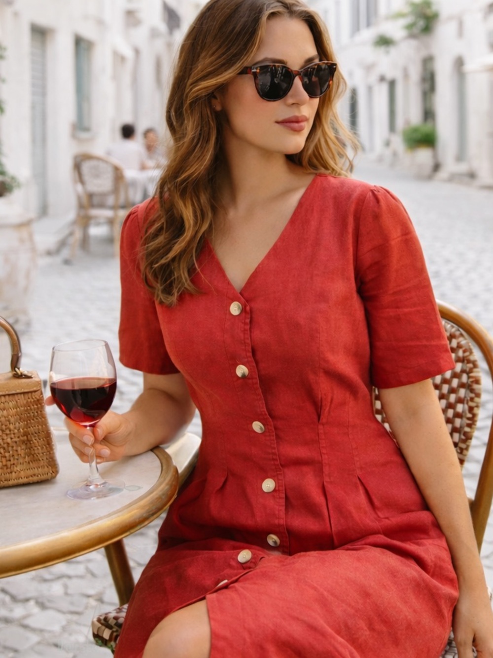 Red Linen Button Front Dress Cottagecore Euro Summer Mini Dress